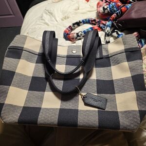 Coach Blue and Cream Checkered Tote